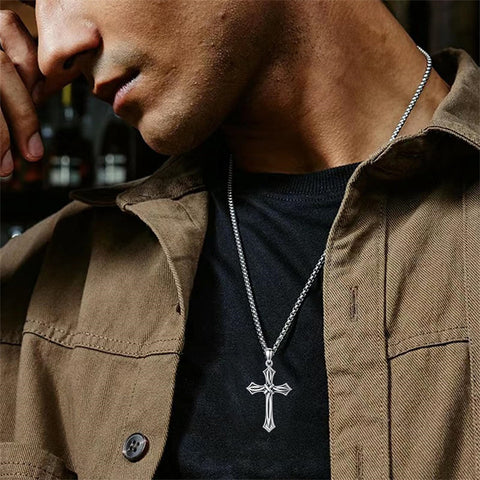 Sterling Silver Cross Religious Necklace for Men