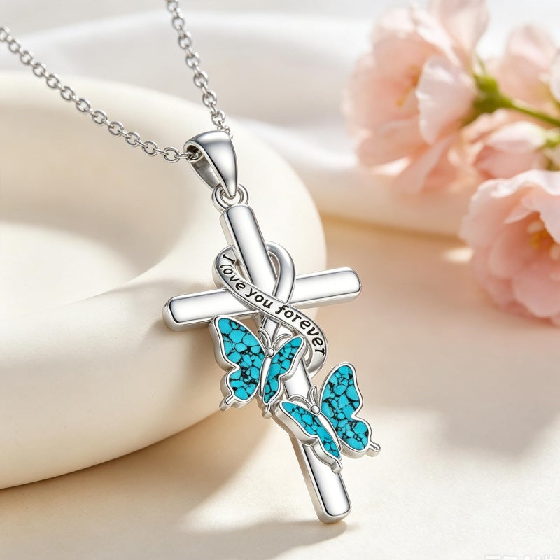 Sterling Silver  Hummingbird Blue Jay Dragonfly Butterfly Cross Necklace Engraved with I Love You Forever