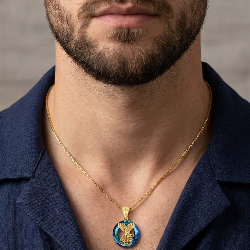 14K Gold Plated Blue Crystal Saint Protection Pendant Necklace Amulet Baptism Gift