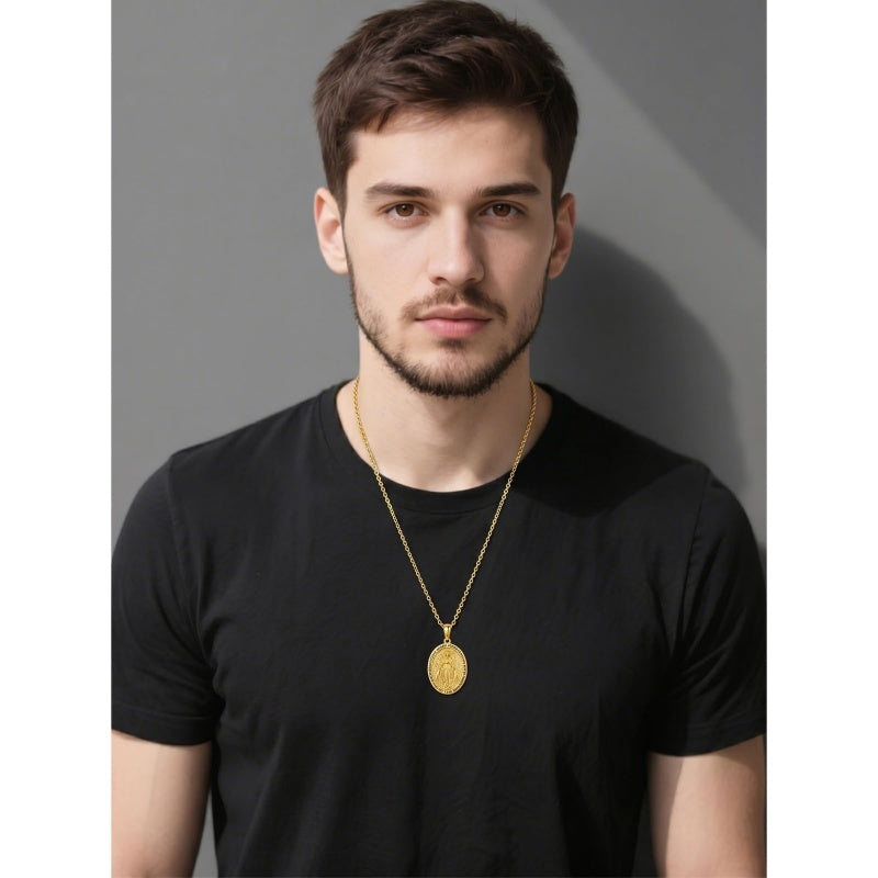 14K Gold Plated Saint Medal Christian  Pendant Necklace for Men