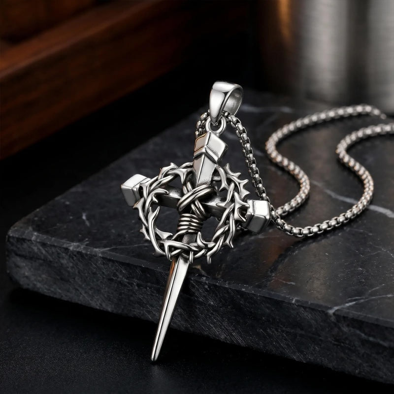 Crown of Thorns Religious Nail Cross Pendant Necklace