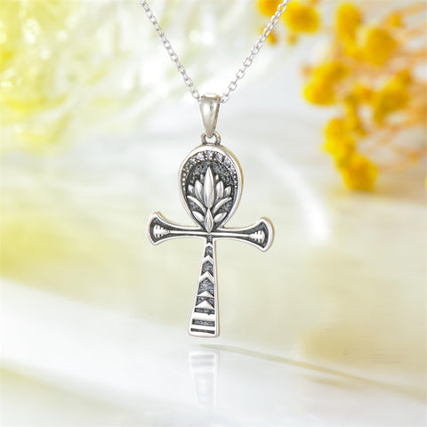Sterling Silver  Ankh Lotus Pendant Necklace