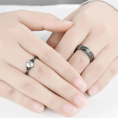 Sterling Silver 10K 14K 18K Gold Natural Leaf  Moss Agate Engagement Anniversary Couple Ring Sets