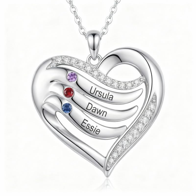 10K 14K 18K Gold  Personalized 1-4 Birthstones Engraved Heart Necklace for Women