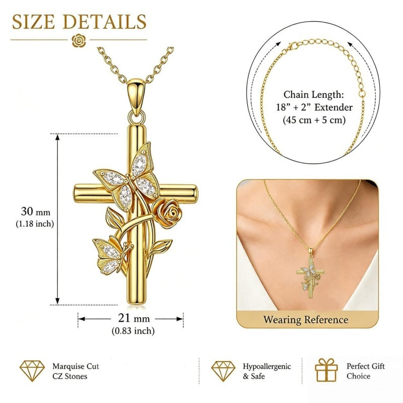 Birthston Butterfly Rose 14K Plated Gold Cross Pendant Necklace for Women