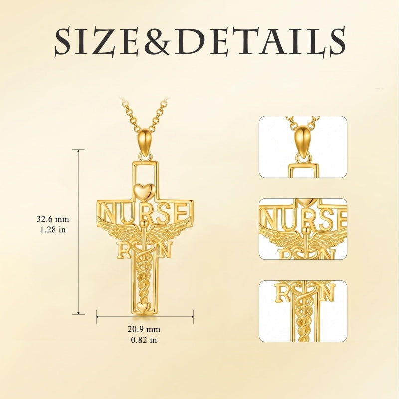 14K Gold Plated Stethoscope Caduceus Cross Pendant Necklace for Women