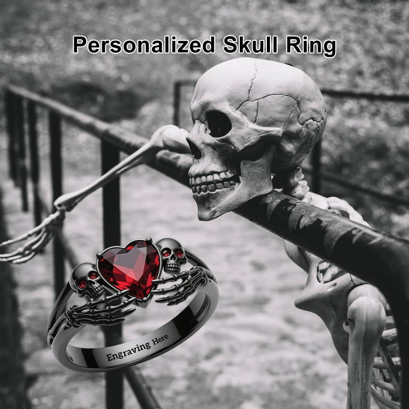 Sterling Silver Personalized Birthstone Punk Skull Bat Snake Ring Goth Jewelry for Halloween Birthday
