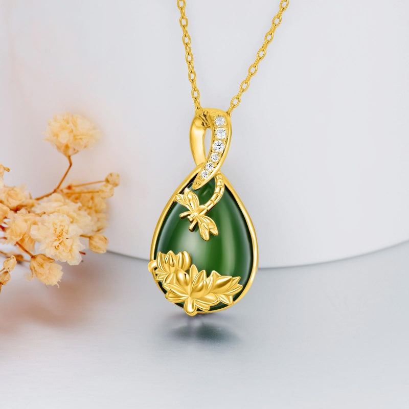 14K Gold Plated Natural Jade Hummingbird Cat Dragonfly Butterfly Bee Pendant Necklace for Women