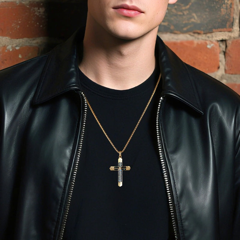 14K Gold Plated Turquoise Malachite Cross Necklace for Men Christianity Cross Jewelry