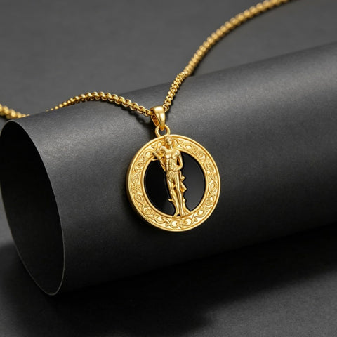 14K Gold Plated Black Onyx Patron Saint Medal Religious Amulet Pendant Necklace for Men