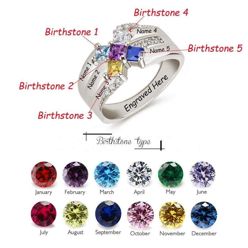 10K 14K 18K Gold Square Shaped Personalized 1-5 Birthstone  Family Mother's Ring Anniversary Ring for Women