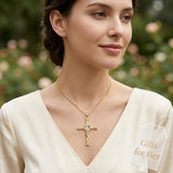 14K Gold Plated Heart Cut Cubic Zirconia Cross  Pendant Necklace For Women Religious Faith Jewelry