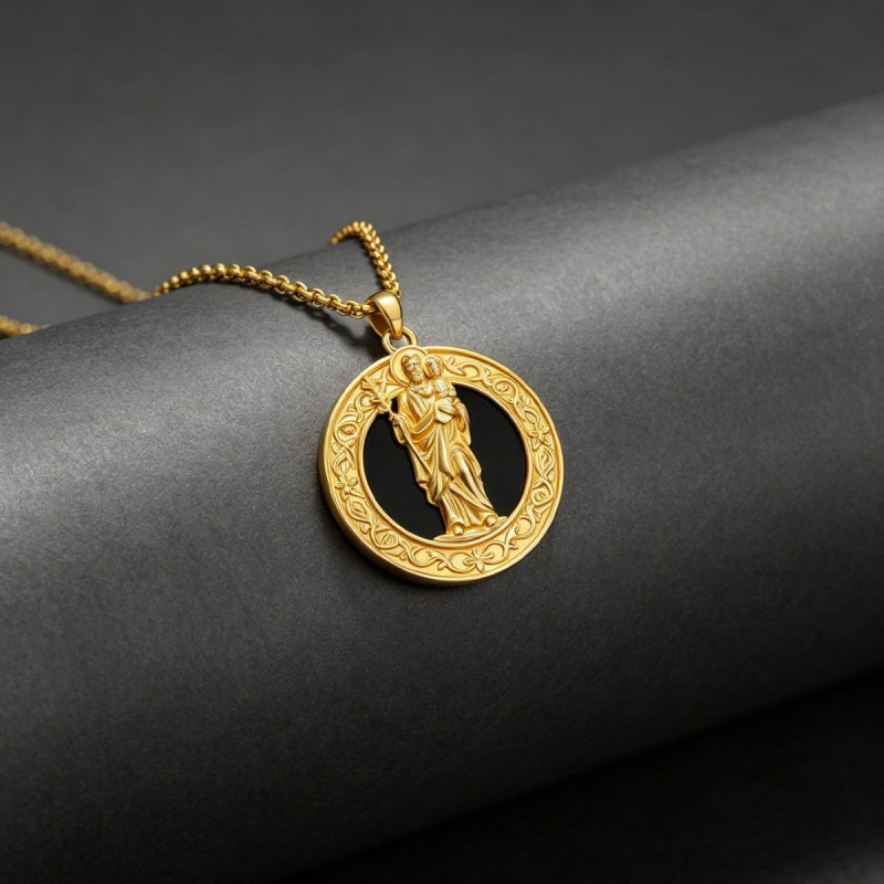 14K Gold Plated Black Onyx Patron Saint Medal Religious Amulet Pendant Necklace for Men