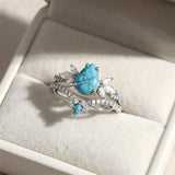Sterling Silver Personalized Engraved 1-3CT Turquoise Engagement  Wedding Promise Ring Set for Her
