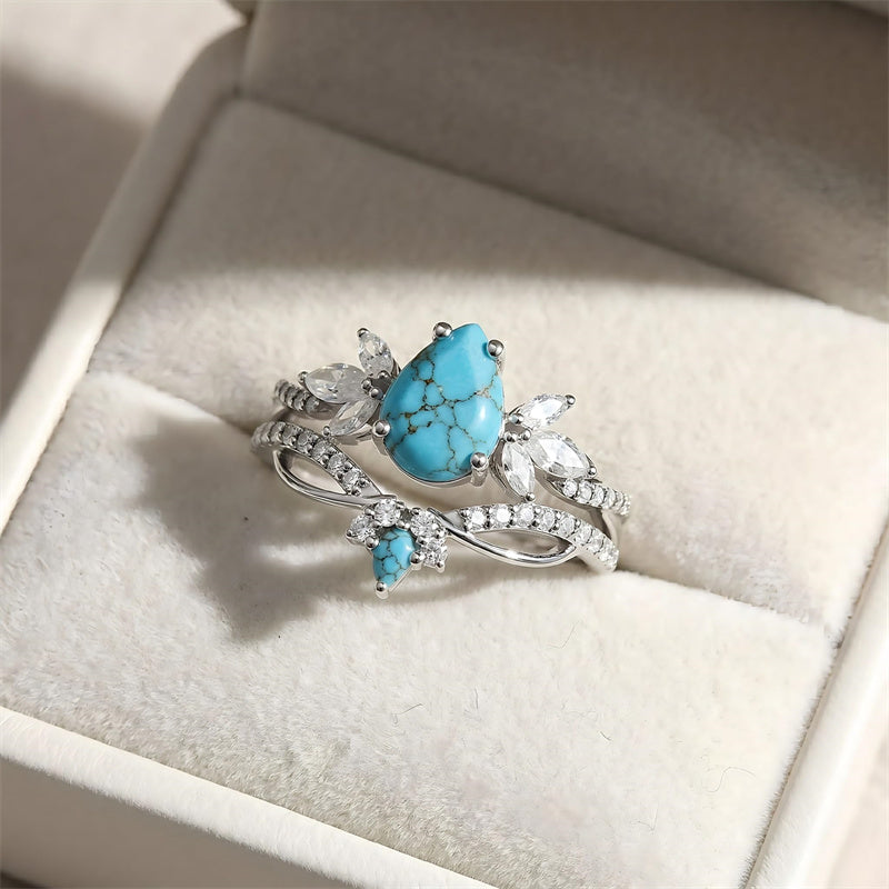 Sterling Silver Personalized Engraved 1-3CT Turquoise Engagement  Wedding Promise Ring Set for Her