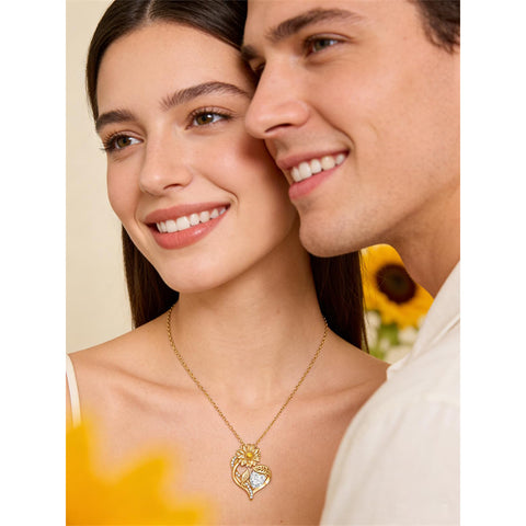 Sterling Sliver Birthstone Love Heart & Sunflower Pendant Necklace Engraved With You Are My Sunshine