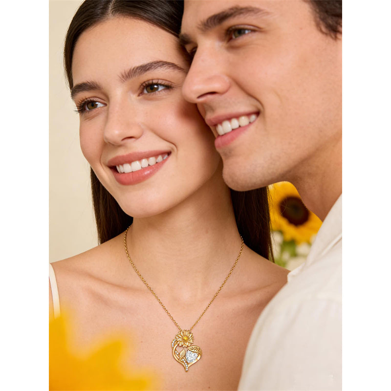 Sterling Sliver Birthstone Love Heart & Sunflower Pendant Necklace Engraved With You Are My Sunshine