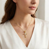 14K Gold Plated  Cubic Zirconia  Filigree Pendant Rose Cross Necklace