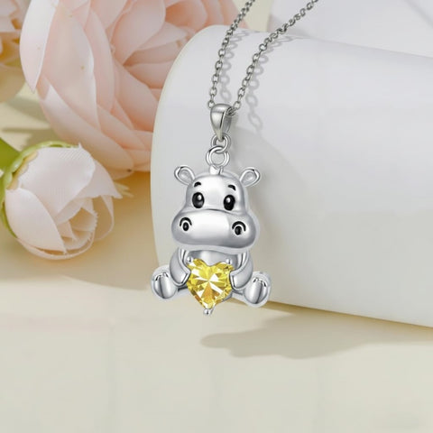 Sterling Silver Birthstone Hippo Pendant Necklace Birthday Christmas Gift