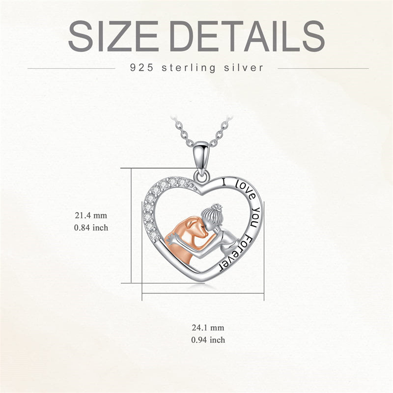 Sterling Silver  Dog and Women Pendant Necklace Engraved with I Love You Forever