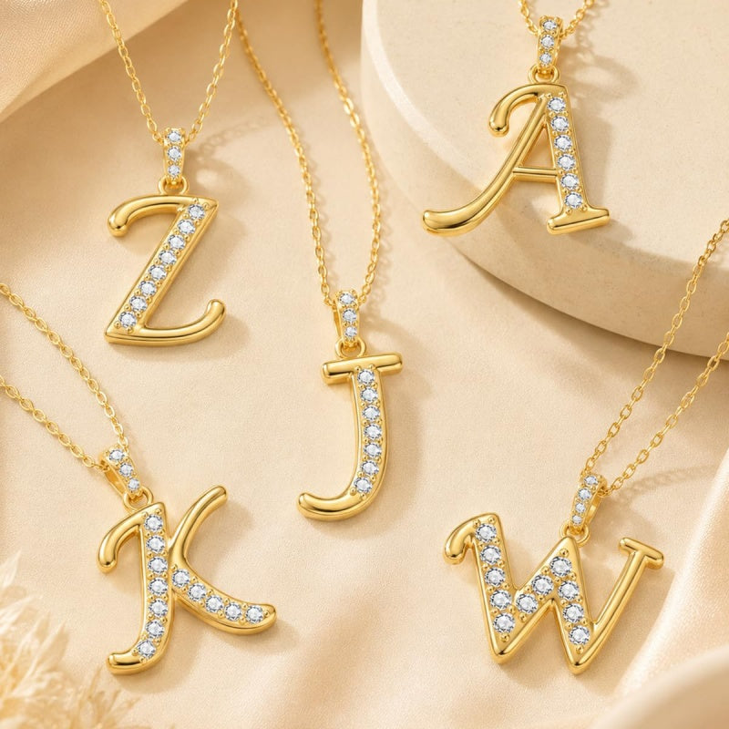 Cubic Zircon 14K Gold Plated Initial Letter A-Z Pendant Necklace