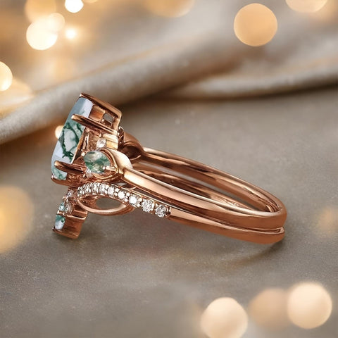 Sterling Silver 2CT Moss Agate  Engagement Wedding Ring Sets for Women