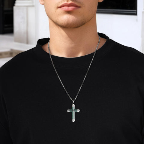 14K Gold Plated Turquoise Malachite Cross Necklace for Men Christianity Cross Jewelry