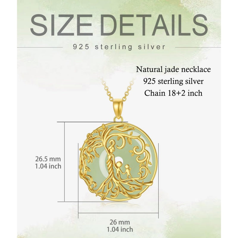 14k Gold Plated Sterling Silver Round Jade Tree of Life Necklace Good Fortune Jewelry for Women