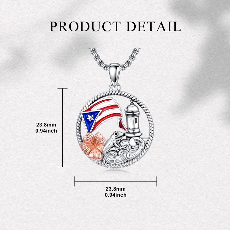 Sterling Silver Frog Flag Puerto Rico Pendant Necklace
