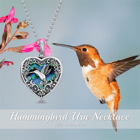 Sterling Silver Abalone Shell Heart Hummingbird Urn Locket Necklace for Ashes Custom Photo Necklace