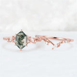 Sterling Silver 10K 14K 18K Gold  Personalized  Engraved Natural Moss Agate Engagement Bridal Wedding Ring Set