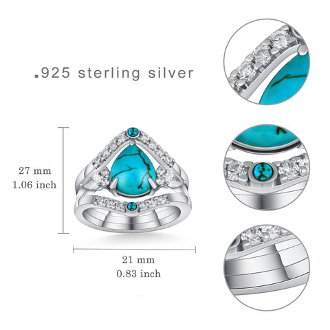 Sterling Silver Genuine Turquoise Engagement Wedding Ring Set for Women