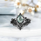 Sterling Silver 2CT Moss Agate  Engagement Wedding Ring Sets for Women
