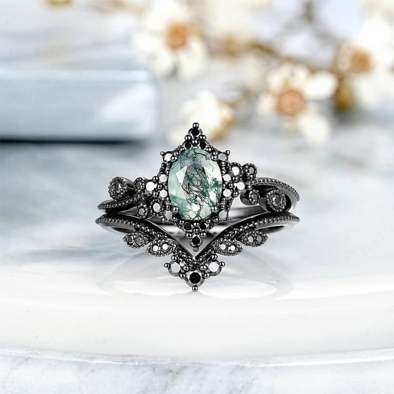 Sterling Silver 2CT Moss Agate  Engagement Wedding Ring Sets for Women