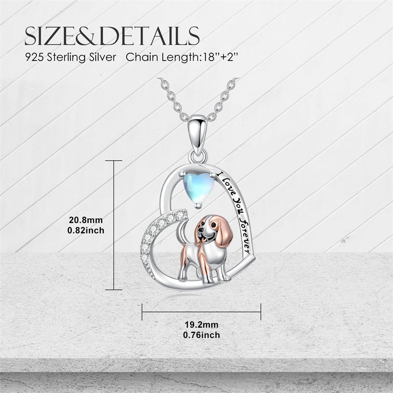 Sterling Silver Moonstone Pug Chihuahua Poodle German Shepherd Maltese Pendant Necklace Engraved wth I Love You Forever