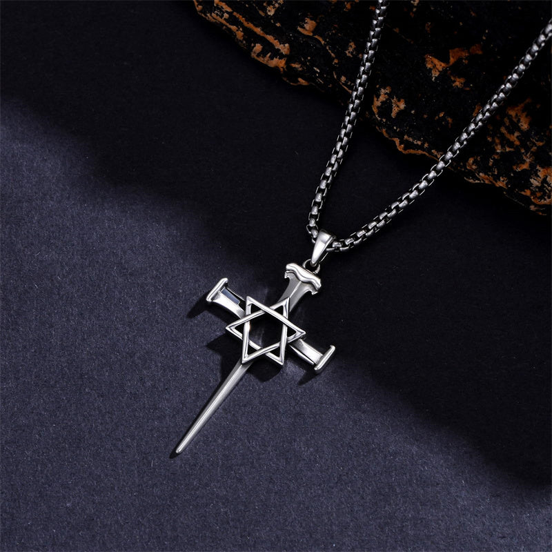 Sterling Silver Star Of David  Cross Pendant Necklace