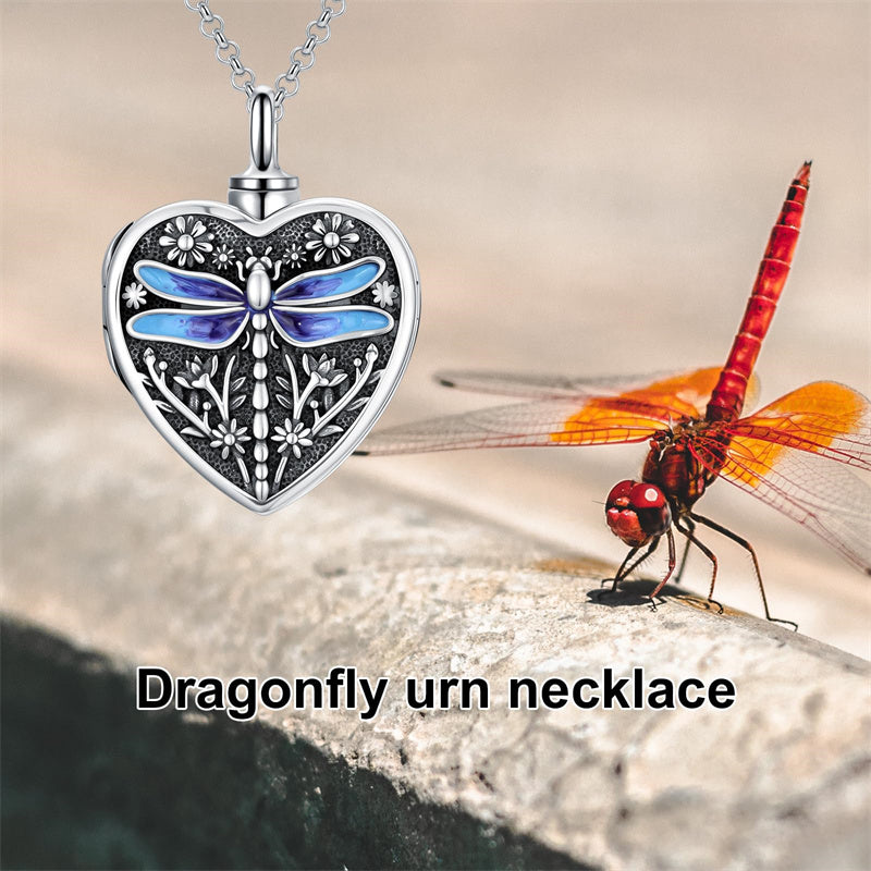 Sterling Silver Personalized Photo Engraved Heart Dragonfly Urn Locket Necklace for Ashes