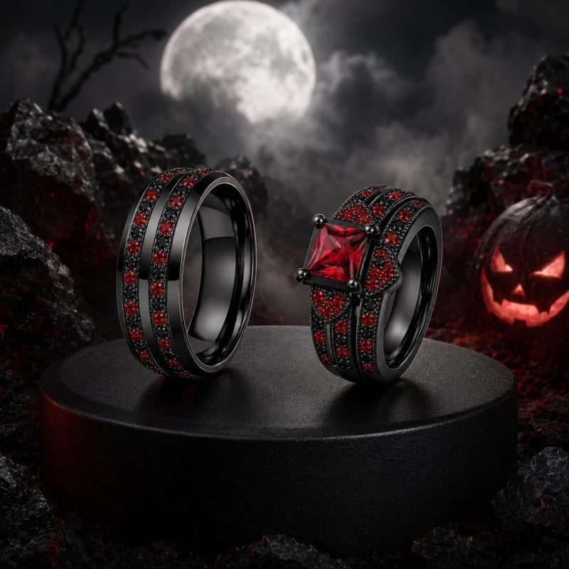 Sterling Silver 10K 14K 18K Gold Personalized Engraved  Halloween Dark Red Gemstone Couple Ring Set