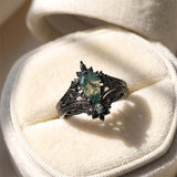 Sterling Silver 10K 14K  18K Gold Personalized Engraved Moss Agate Gothic Promise Wedding Engagement Black Ring Set