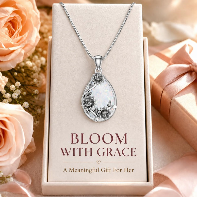 14K  White Gold Plated White Opal Flower Pendant Necklace Birthday Anniversary Jewelry Gifts for Women
