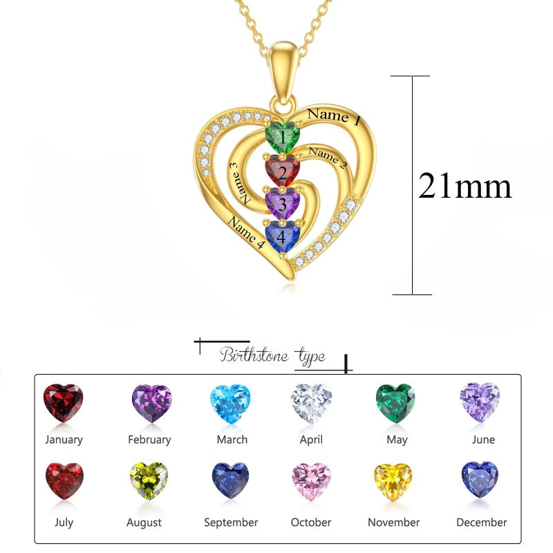 10K 14K 18K Solid Gold Personalized Engraved 1-4 Birthstone Heart Necklaces for Women