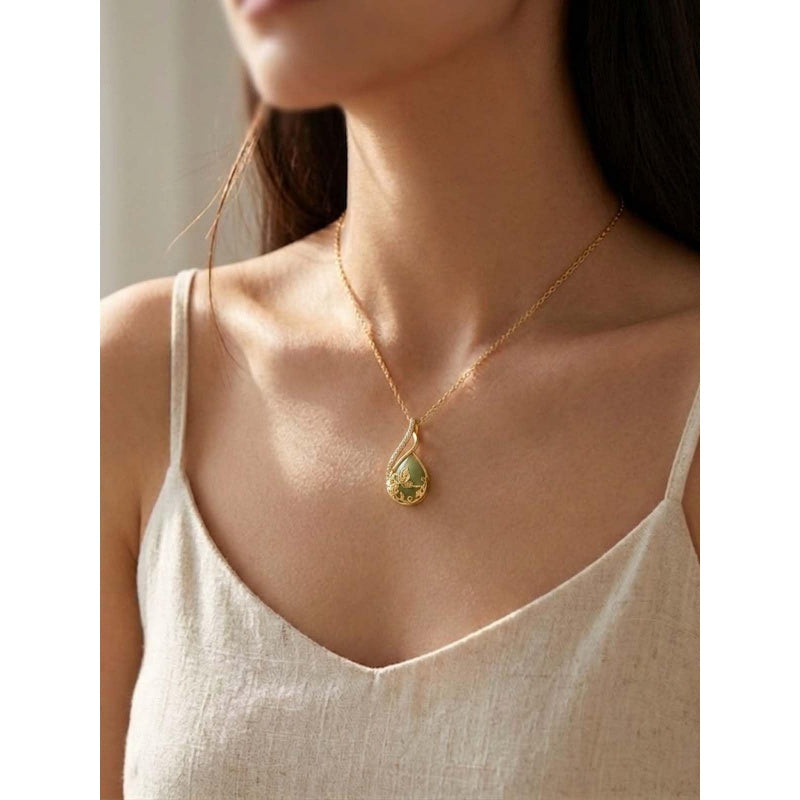14K Gold Plated Jade Hummingbird Butterfly Dragonfly Turtle Animal Pendant Necklace