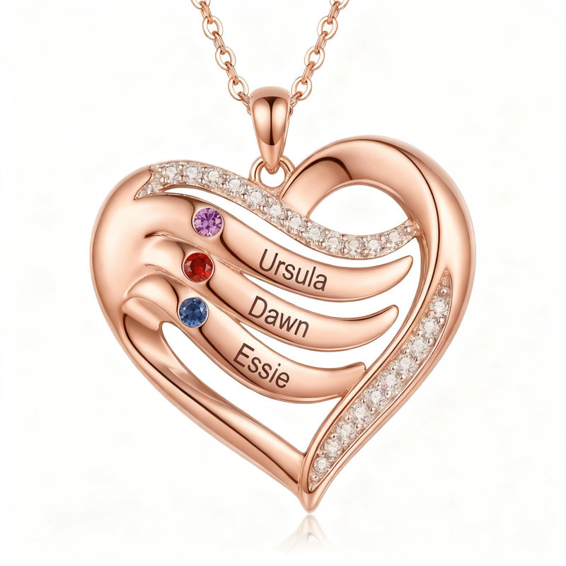 10K 14K 18K Gold  Personalized 1-4 Birthstones Engraved Heart Necklace for Women