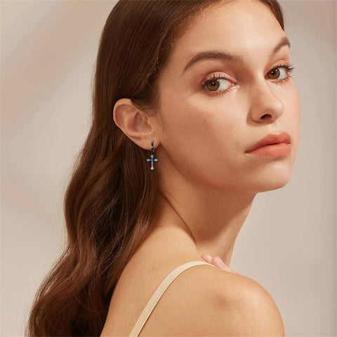 Sterling Silver Black Sword Cross Hoop Earrings Gift for Men Women