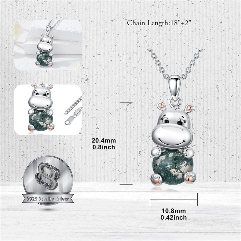 Sterling Silver Moss Agate Hippo  Pendant Necklace