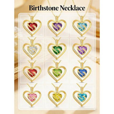 14K Gold Plated  12 Months Heart Birthstone Pendant Necklace Birthday Wedding Anniversary Jewelry Gifts for Women