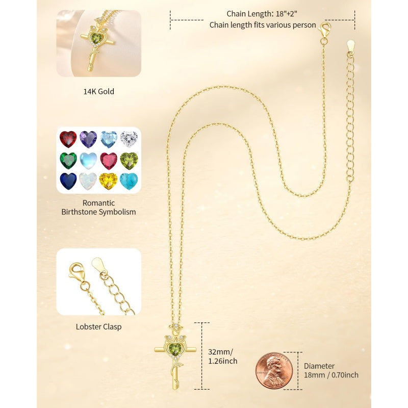 14K Gold Plated Birthstone Rose Cross Necklace for Women Faith Jewelry Gift