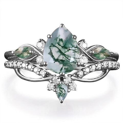 Sterling Silver 2CT Moss Agate  Engagement Wedding Ring Sets for Women