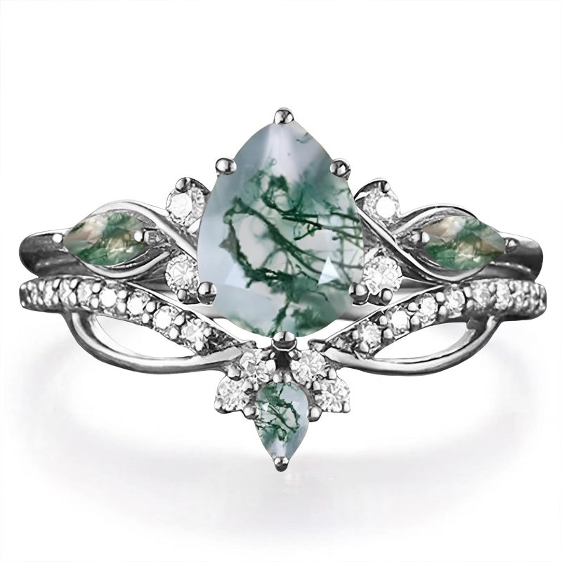 Sterling Silver 2CT Moss Agate  Engagement Wedding Ring Sets for Women