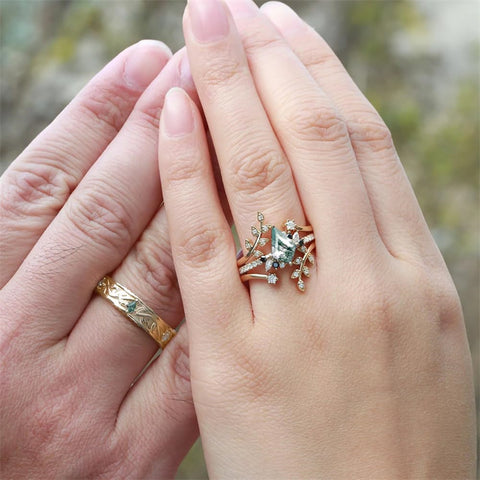 Sterling Silver10K 14K 18K Gold Natural Moss Agate Branch Leafy Couples Rings Set